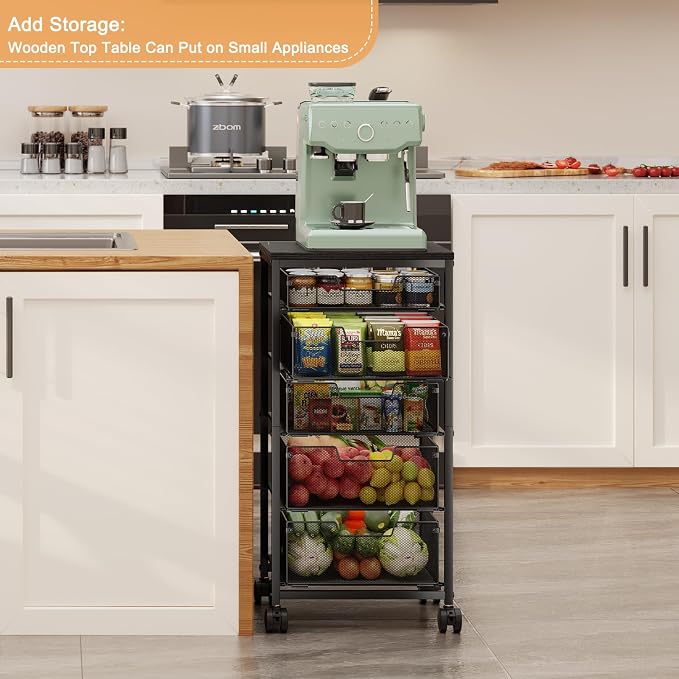 Kitchen Storage Cart with Drawer, 5-Tier Fruit Vegetable Storage Cart, Kitchen Organizer and Storage Cart with Wheels, Wooden Top Metal Wire Pantry Storage Cart rack for Fruit Snack Onion Potato - Image 8