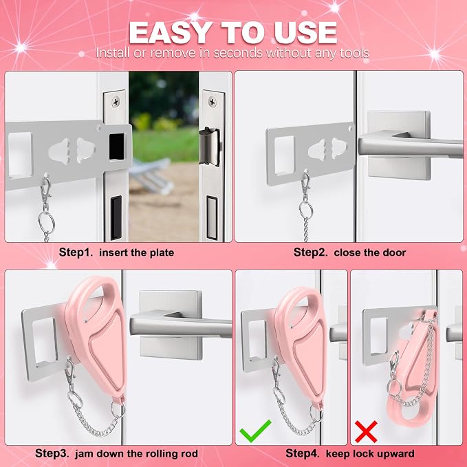 Portable Door Lock for Home Hotel Safety, Door Latch Security Lock for Additional Privacy and Safety in Hotel, Apartment,and College Prevent Unauthorized Enty, Pink 2 Pieces - Image 7