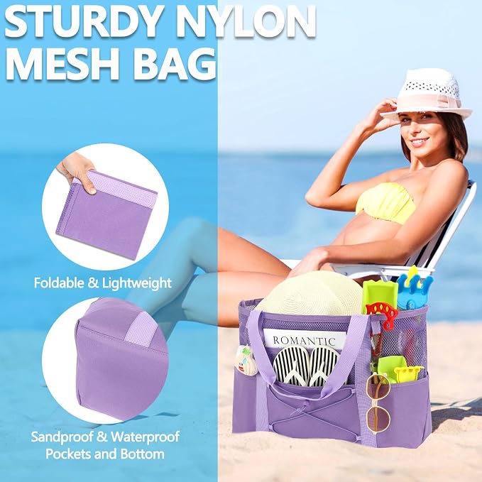 Fammart Mesh Beach Bag for Women, Large Beach Toy Pool Bag with Zipper Pocket, SandProof Cruise Essentials 2026 Family Travel - Image 6
