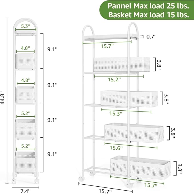 KINGRACK 5 Tier Slim Rolling Cart with Drawer, Metal Utility Storage Cart | 4 Pull-out Baskets, Lockable Wheels, Narrow Space Trolley Organizer for Bathroom, Kitchen, Office, Dorm, Laundry Room, White - Image 7