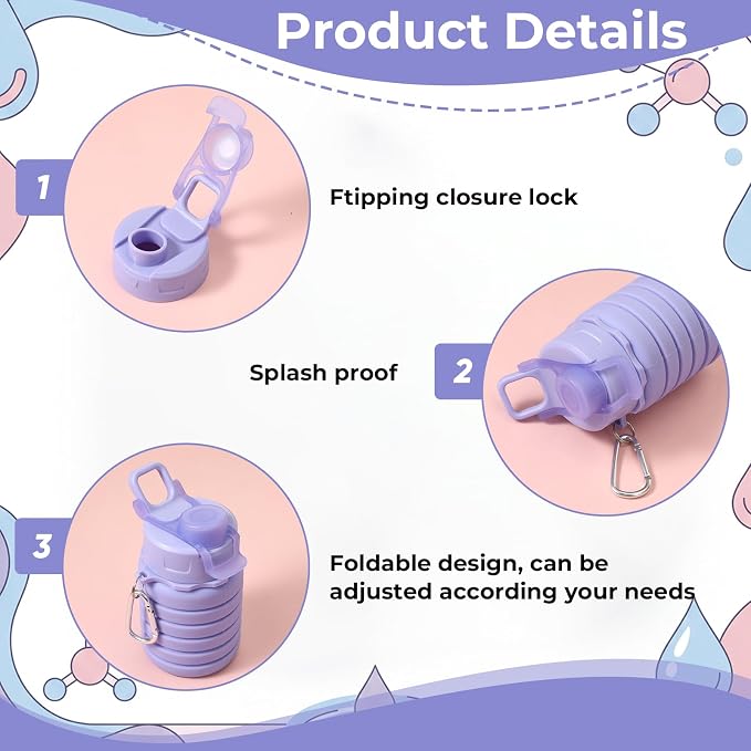 8 Pcs Collapsibles Water Bottles, 16 oz Portable Foldable | Water Bottle with Metal Clip Silicone Leakproof Travel Water Bottle Reusable Sports Waters Bottles for Travel Camping Cycling - Image 3