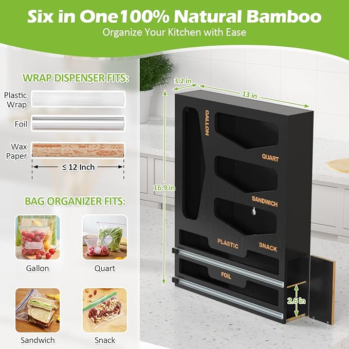 6 in 1 Bag Organizer and Wrap Dispenser with Magnetic Lid - Plastic Wrap Dispenser with Cutter for Kitchen Drawer, Storage for Gallon, Quart, Sandwich, Snack Bags, and Foil Black - Image 2