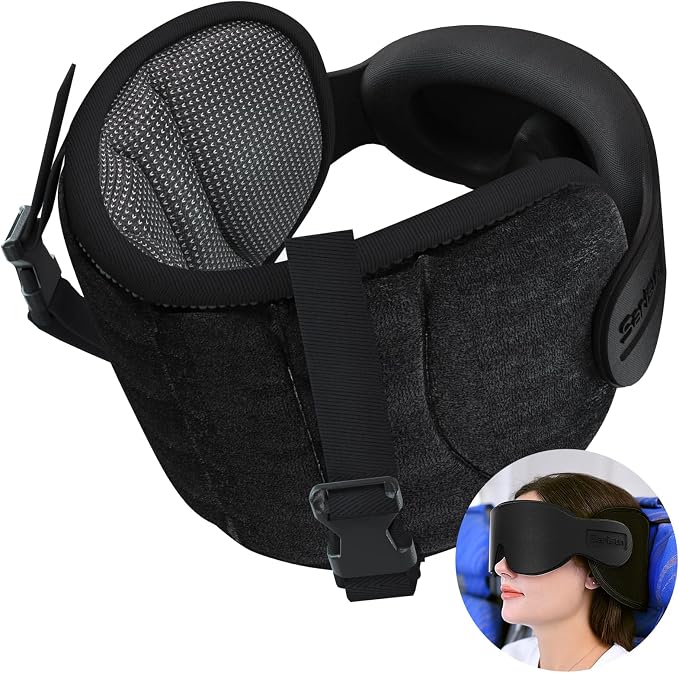SARISUN Travel Pillows for Airplanes, Stable Head Support, Travel Essential | Airplane Pillow with Eye Mask, Seat Strap Secures to Headrest, for Stop Bobblehead, for Long Flight Road Trip, Mottled Black by SARISUN