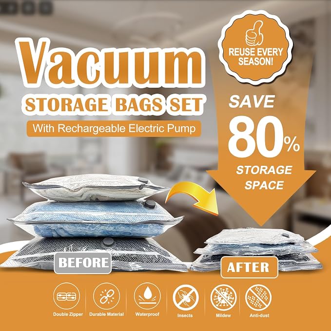 Vacuum Seal Bags for Clothing Travel, with Electric Pump 9-Pack | Save 80% luggage space. Tear-resistant PA+PE. Smart travel essentials replacing compression packing cubes. - Image 3