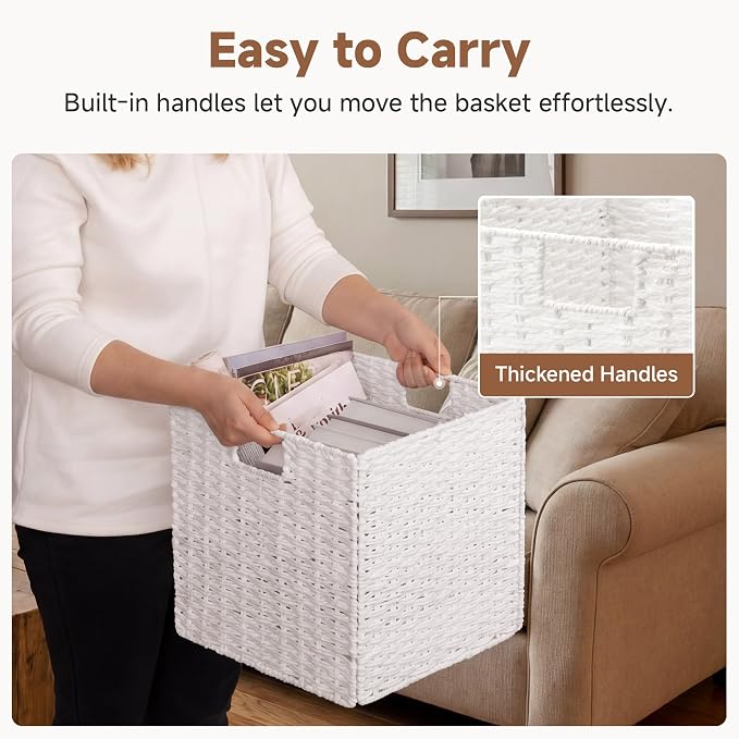 StorageWorks 13 inch Wicker Storage Baskets, White Wicker Baskets, Foldable | 2-Pack,Handwoven Baskets for Organizing,Paper Rope Square Storage Cubes,Organizer Baskets,Wicker Storage Cubes,Square Baskets - Image 3