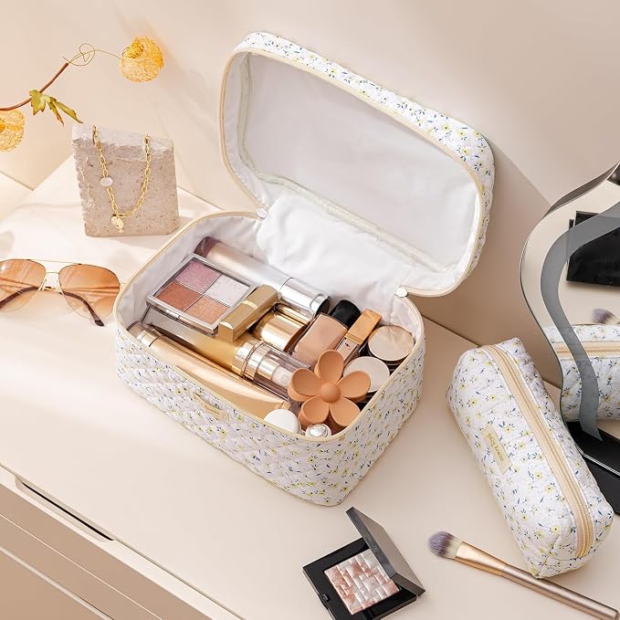HBselect Quilted Makeup Bag, 3Pcs Cotton Large Travel Makeup Bags Organizer | Cute Floral Make up Bag Cosmetic Bag Toiletry Bag for Women Girls, Makeup Pouch for Skincare, Brushes & Travel Essentials - Image 2