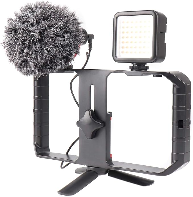 FocusFoto PRO U-Rig Smartphone Video Camera Cage Mount Holder Stabilizer Handle Grip with BOYA by-MM1 Microphone Mic+ 49 LED Light+ Mini Tripod Kit for Mobile Phone iPhone Filmmaking Videomaker - Image 3