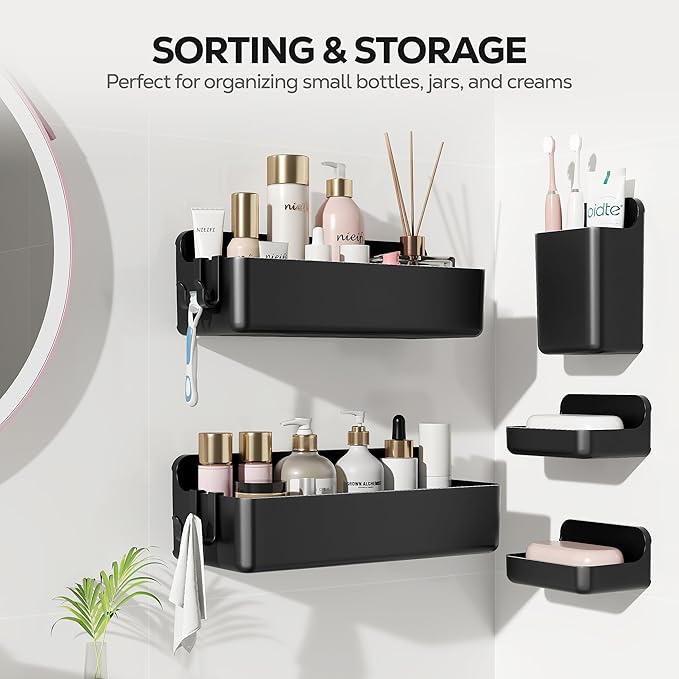 Nieifi Adhesive Shower Shelves, Black, 5 Pieces | Rustproof ABS, Large Capacity, Removable Design, Easy-Clean, No Drilling Shower Organizer for Bathroom Storage & Home Decor - Image 3