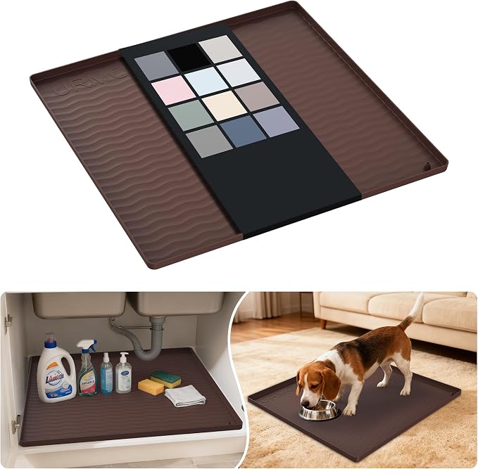 URMONA Waterproof Silicone Under Sink Mat 22'' x 22'' Shelf Liner for Kitchen and Bathroom, Cabinet and Counter Protector, Storage and Organizers, Litter Mat, Pet Cat Puppy Essentials(Brown) by URMONA