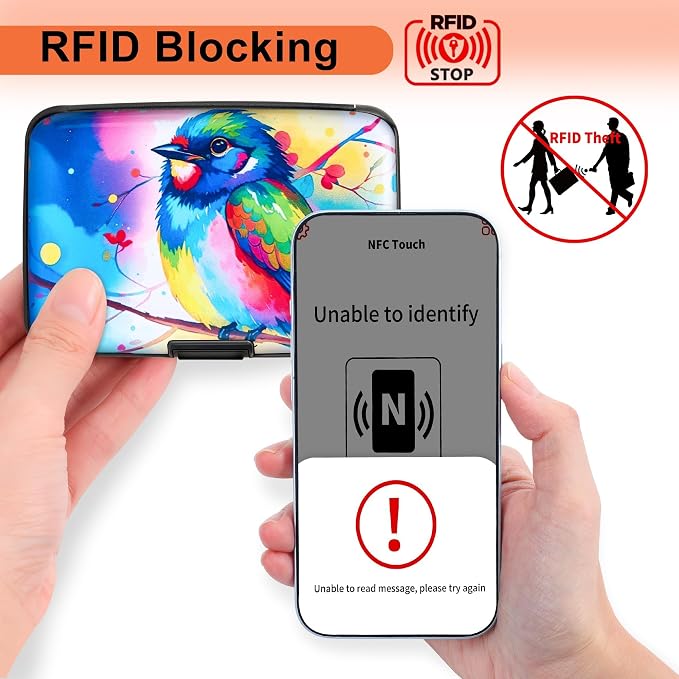 Mayski Credit Card Holder for Women RFID Blocking Wallet, Colorful Bird | Card Wallets for Women Small Mini Business Metal Accordion Aluminum Alloy Hard Case for Men - Image 2