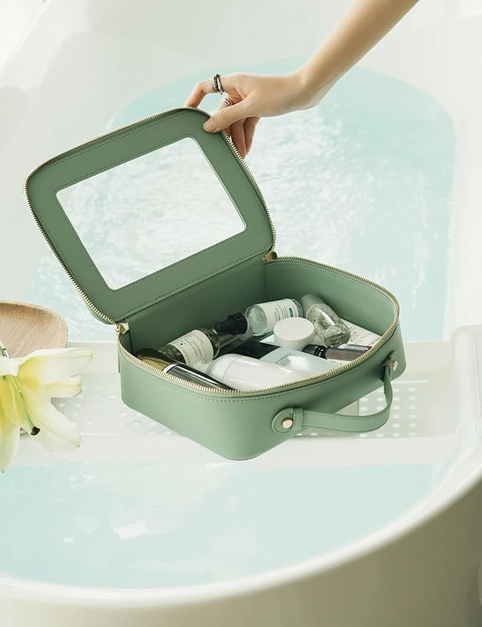 Clear Makeup Bag Mahjong Tile Bag with Zipper and Handle Sage Green | Structured Large Travel Makeup Bag for Toiletries for Women, Big Long-trip Cosmetic Case, Waterproof PU Leather, Wide Opening - Image 6
