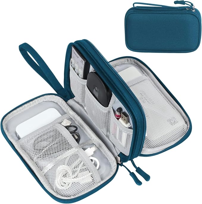 FYY Electronic Organizer, Travel Tech Pouch Bag, Medium, Dark Green | Wrist Strap, Waterproof, Double Layers Portable Electronics Travel Carrying Case for Cord, Charger, Daily Business Trips Use by FYY