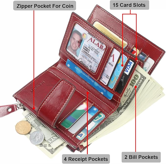 Small Compact Women Wallet RFID Blocking Genuine Leather Bifold Purse with ID Windows - Image 4