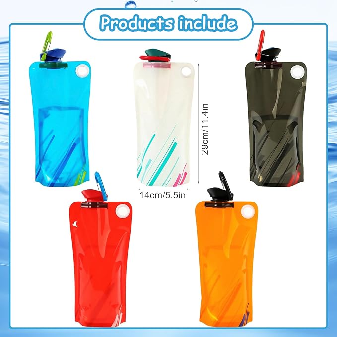 5 Pack Collapsible Water Bottles With Carabiner, 34oz Foldable Water Bottle with Leakproof Lid, Food-Grade Silicone Portable Reusable Water Bottle for Hiking,Sports,Camping,Biking, Traveling - Image 2