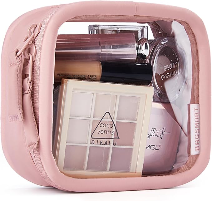 BAGSMART Mini Clear Makeup Bag for Women Portable Travel Toiletry Bag, Cute Small Water-Resistant Cosmetic Bag TSA Approved Clear Makeup Case Pouch with Zipper for Car Essentials(Blush Pink) by BAGSMART