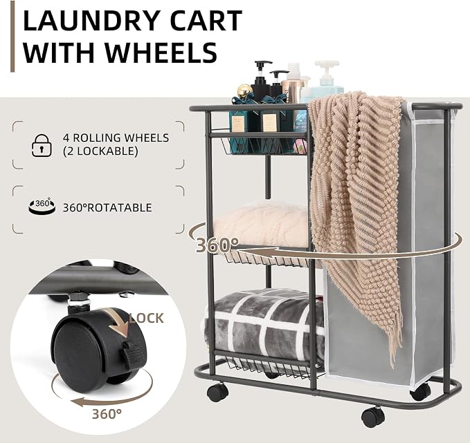 Rolling Laundry Sorter with 3 Storage Baskets and 45 L Bag | 3-Tier Laundry Caddy, Between Washer and Dryer, With Wheels and Handle, For Narrow Space Bathroom Apartment Dorm - Image 2
