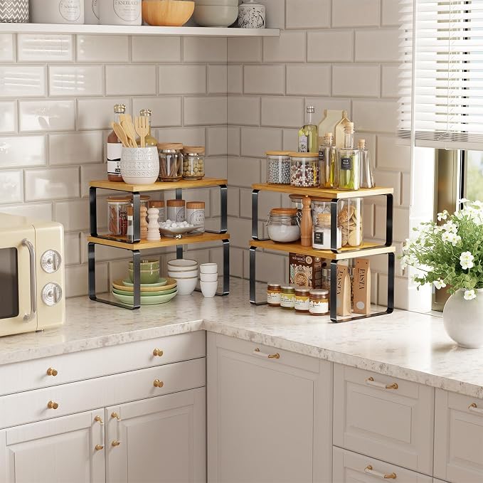 Simple Trending Bamboo Cabinet Organizer Shelf, Set of 2 Kitchen Counter Shelves, Stackable Expandable Spice Rack Kitchen Storage, Black and Natural Beige - Image 6