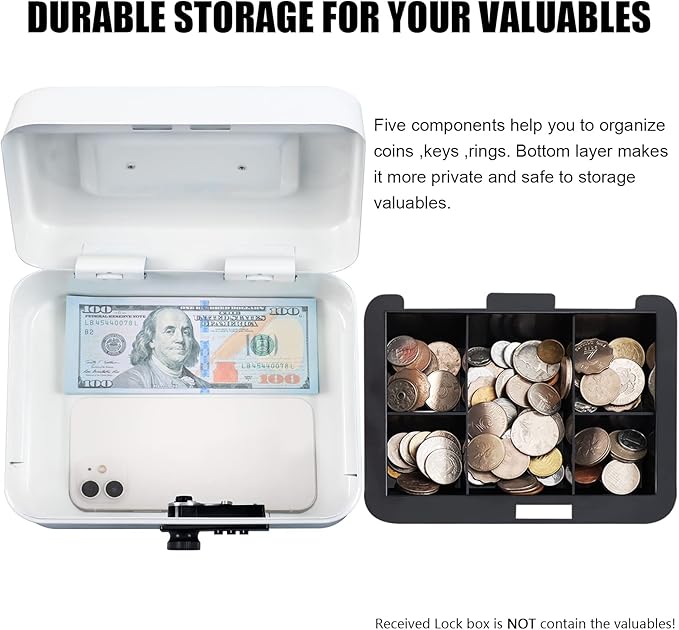 KYODOLED Cash Box with Combination Lock,Safe Metal Box for Money,Storage Lock Box with Money Tray,7.87"x 6.30"x 3.54" White Medium - Image 4