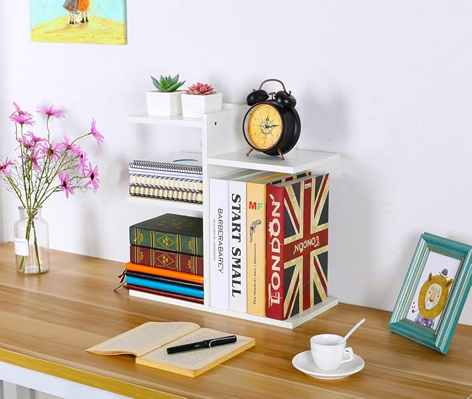 Wood Desktop Shelf Small Bookshelf Desk Supplies Organizers and Accessories Storage Display Rack Office Decor for Women, White - Image 6