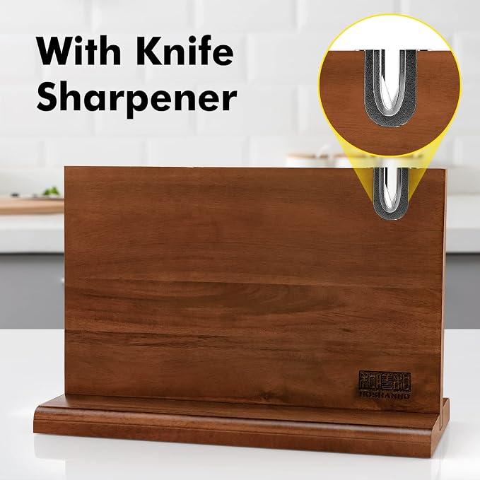 HOSHANHO Magnetic Knife Block 14 x 10", Double Sided Magnetic Knife Holder | Magnetic Knife Storage Stand for Kitchen Counter, Acacia Wood Knife Stand Rack with Knife Sharpener, Kitchen Organizer, Gifts - Image 3