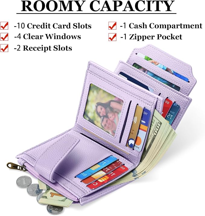 Small Wallet Women RFID Blocking Soft Leather Bifold Compact Card Holder Wallet for Women with Zipper Coin Pocket 4 ID Window - Image 2