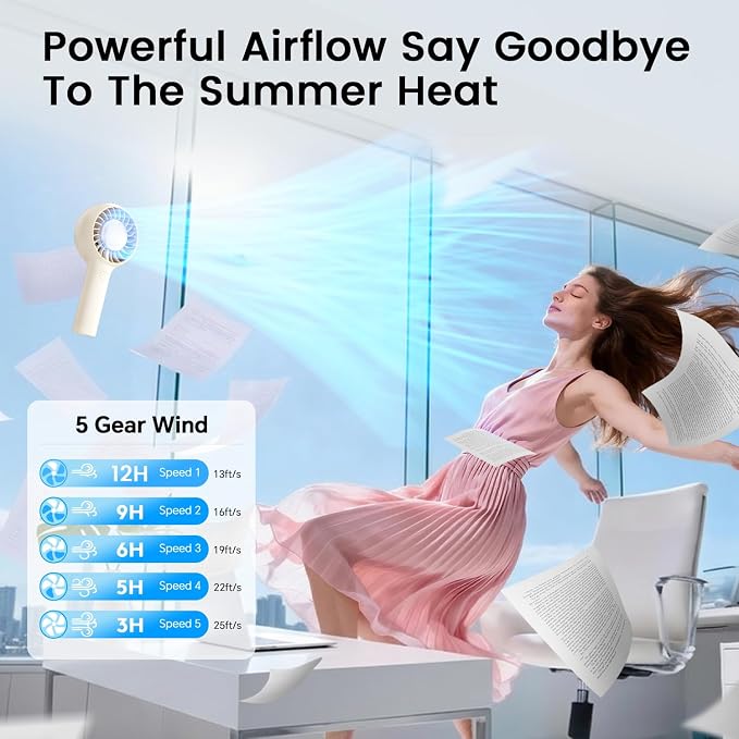 ZOZOO Portable Fan, USB Rechargeable 5 Speed Handheld Fan,LED Display &High Power Motor Table Fan, 2 IN 1 Quiet Strong personal fans for Travel,Camping,Beach Concert (White) - Image 4