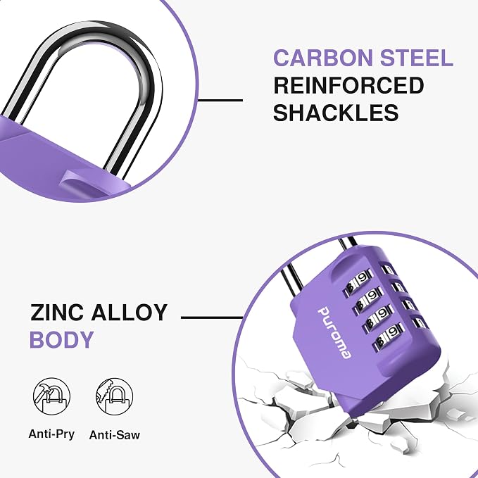 Puroma 2 Pack Combination Lock Locker 4 Digits Combo Padlock Gym Purple | For School Gate Fence Toolbox Hasp Storage, Outdoor, Resettable, Weatherproof, Side Window, Crack Cut Resist, Hardened Steel - Image 4