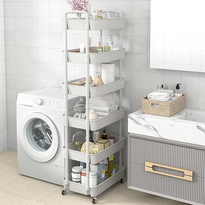 Sywhitta 6-Tier Plastic Rolling Utility Cart with Wheels for Storage,White | Multi-Functional Storage Trolley, for Office, Living Room, Kitchen, Bathroom,Movable Organizer,Space-Saving,Easy to assemble - Image 7