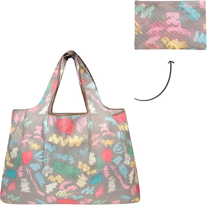 allydrew Large Foldable Tote Nylon Reusable Grocery Bags, Colorful Doodles - Image 5