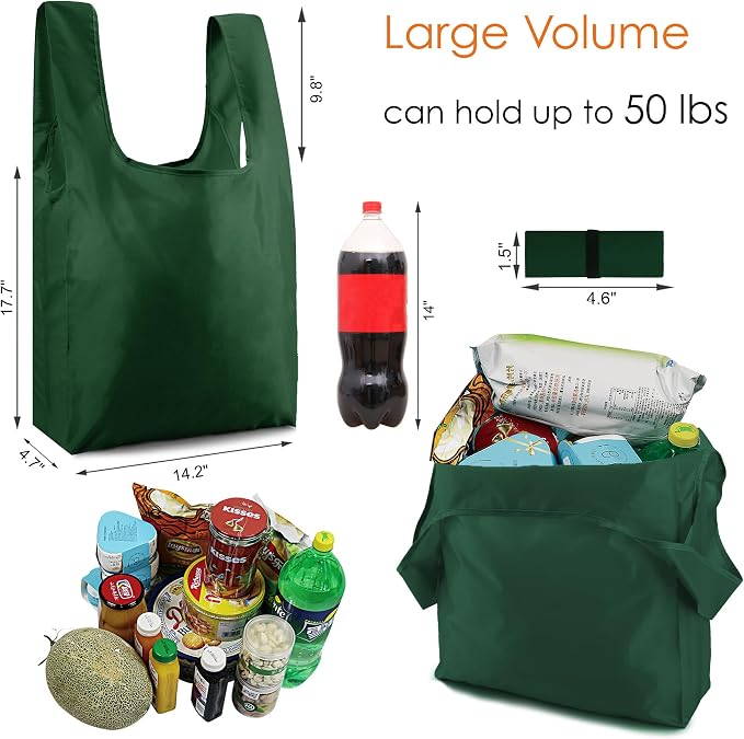 BeeGreen Christmas Green Reusable Grocery Bags with Zipper Storage Pouch 10 Packs Dark Green Reusable Shopping Bags Bulk Foldable-Machine Washable - Image 3