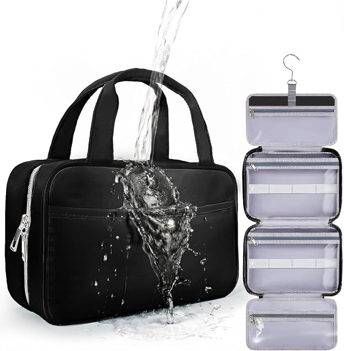 Travel Hanging Toiletry Bag for Women - Waterproof Cosmetic Organizer with Clear Window, Lightweight Bathroom Bags for Essentials, Makeup, Shampoo, Toiletries Black, Medium by Chakipee