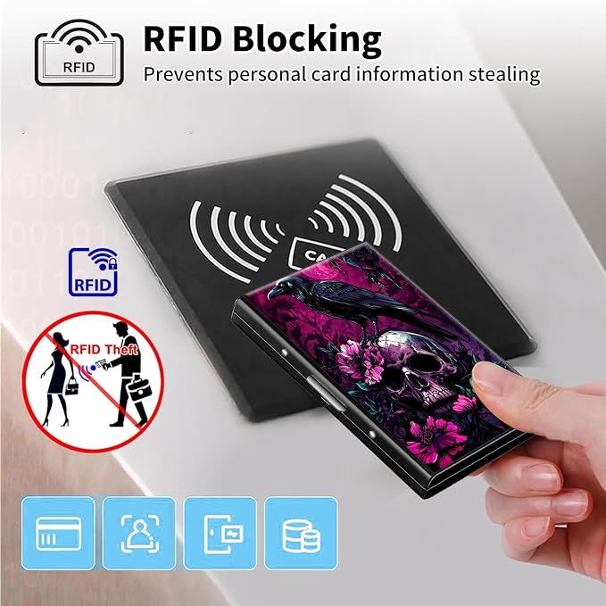 Metal Wallet,Credit Card Holder for Women Men,RFID Blocking Card Holder Wallet Mini Slim Aluminum Wallet ID Case Hard Card Case Business Card Holder Case,Flower Skull Crow - Image 3