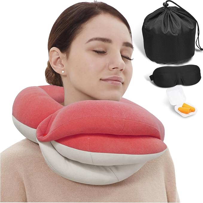 Travel Neck Pillows for Airplanes, Memory Foam 360° Head Support Sleep for Long Flight, Skin-Friendly & Breathable, Kit with Eye Mask, Earplugs and Storage Bag (Adult, Pink, 90+ lbs) by BUYUE