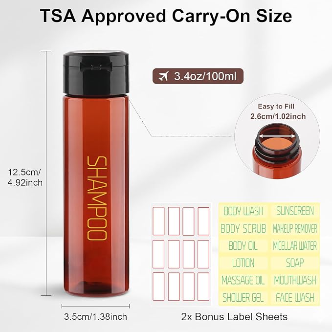 Cosywell 3.4oz Travel Bottles for Toiletries 5 Pack Brown Shampoo Bottles | Preprinted with SHAMPOO, CONDITIONER and BODY SOAP, Leak Proof, TSA Approved, for Lotion Toothpaste Cream, and a Toiletry Bag - Image 2