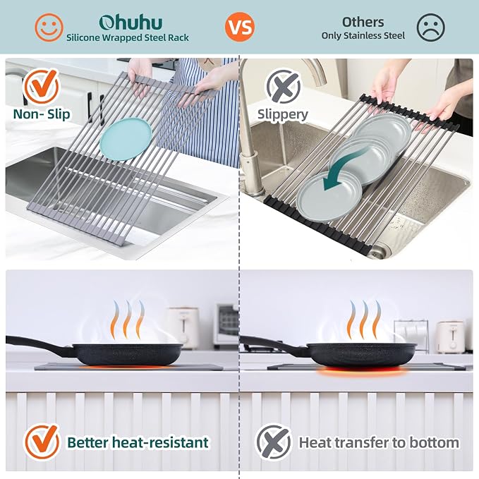 Ohuhu Dish Drying Rack Over The Sink, Roll Up Sink Rack 20.5" W x 13.1" L Rolling Dish Drainer Foldable Accessories Heat-Resistant Mat Anti-Slip Silicone Coated for Kitchen Counter - Image 4
