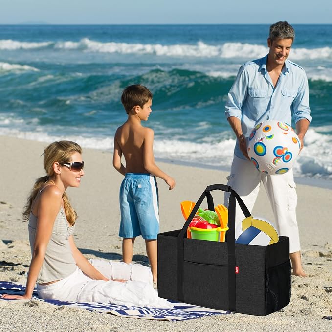 LHZK 2 Pack Extra Large Utility Tote Bag with Metal Wire Frame and the Sides Rinforced, Extra Large Tote Bag with Handle for Pool Beach Laundry Storage (Black) - Image 2