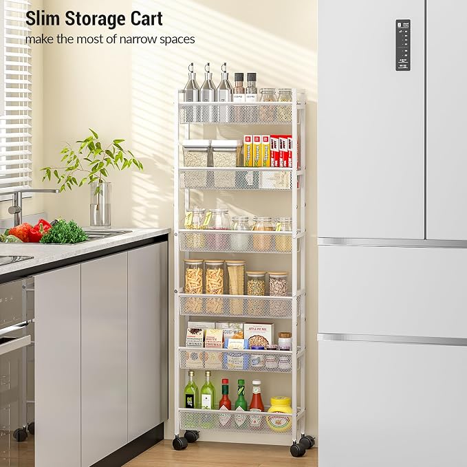 ThreeHio 6 Tier Slim Storage Cart, Narrow Cart with Wheels, Metal Mobile Shelving Unit Organizer for Bathroom, Kitchen, Laundry Room, Living Room & Narrow Spaces, White, 6in(W) - Image 6