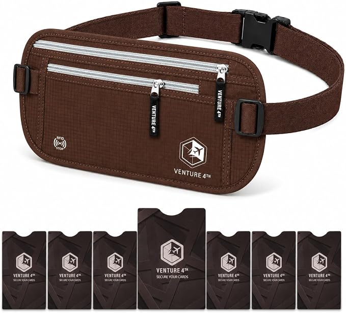 VENTURE 4TH Travel Money Belt with 7 RFID Sleeves - Brown by VENTURE4TH