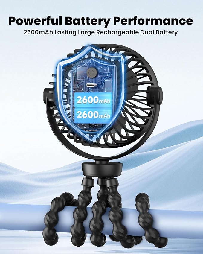 Portable Stroller Fan, 5200 mAh Rechargeable Personal Fan, with 360° Rotate Flexible Tripod and TYPE-C Port 3 Speed Small Mini USB Clip-on Fans Can Handheld and Desk for Stroller Car Seat Crib Outdoor - Image 6