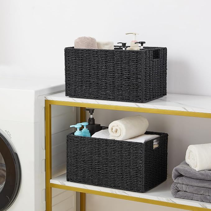 Wicker Storage Basket, Set of 2 Hand-Woven Paper Rope Wicker Basket, Small Storage Baskets for Organizing Toilet Paper Baskets, Foldable Large Cube Storage Organizer Bin for Shelves (Black) - Image 3