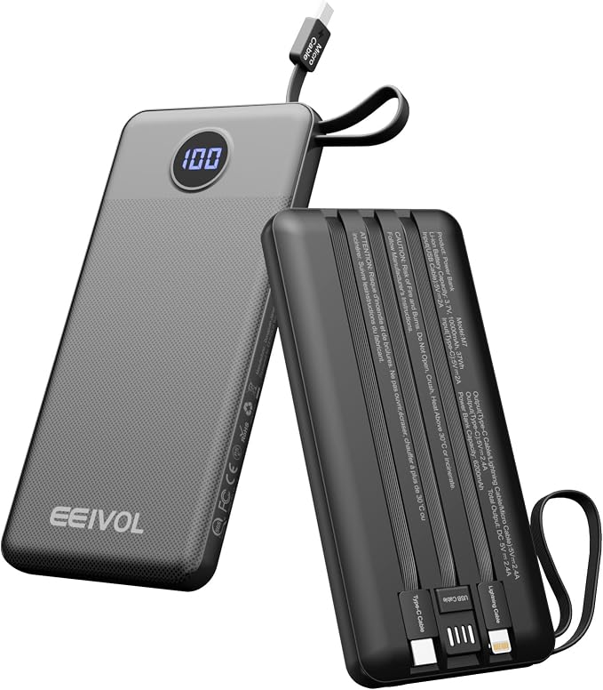 Portable Charger with Built in Cables, Slim 10000mAh Power Bank, USB C Battery Pack Travel, 4 Output 2 Input External Charging Bank for iPhone 17/16/15/14/13,Samsung, Android, etc-Black(1 Pack) by EEIVOL