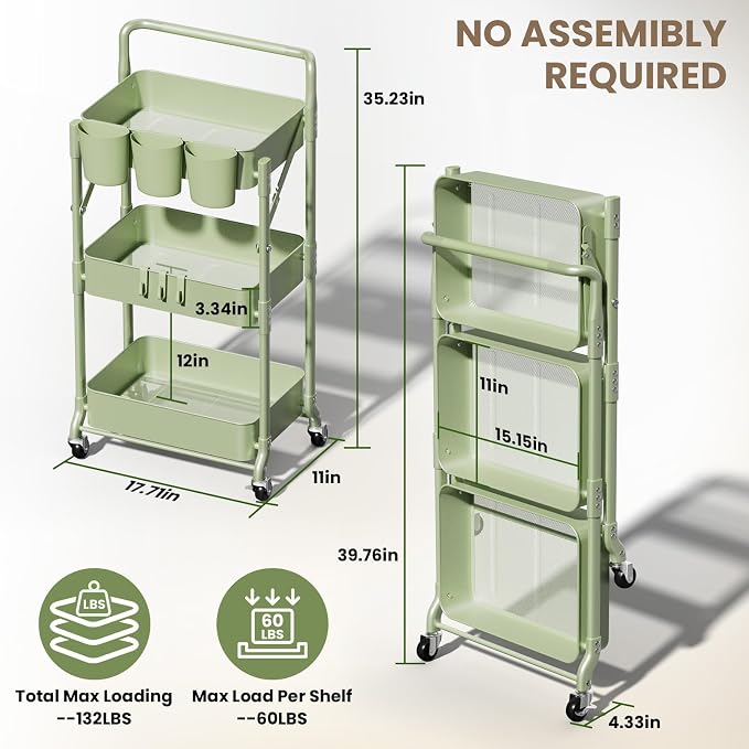 Foldable 3 Tier Rolling Cart, Metal Utility Cart with Wheels | Collapsible Rolling Storage Cart with 3 Hanging Cups, Folding Storage Trolley Organizer Cart for Home Office Kitchen(Green) - Image 2