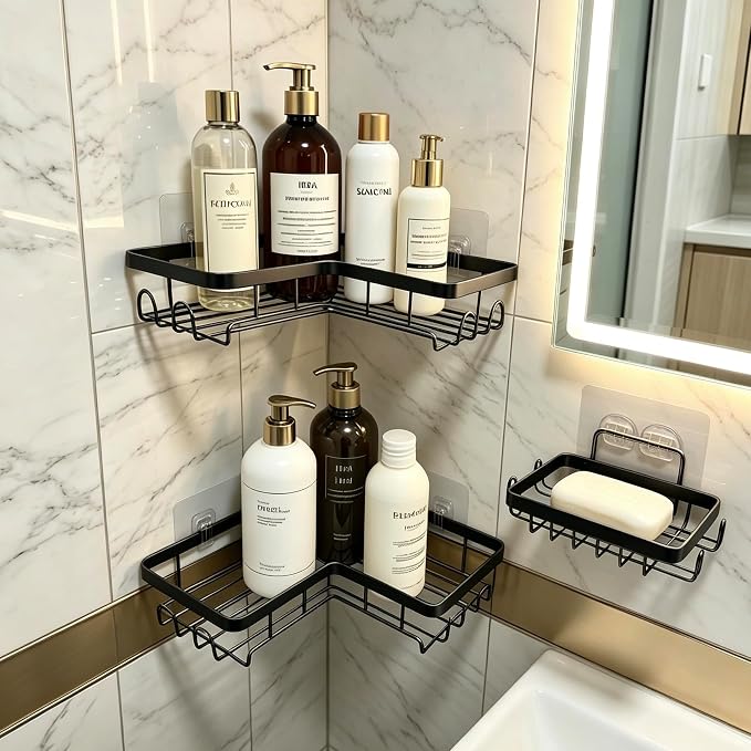 Shower Caddy 3 Pack, No Drilling Adhesive Bathroom Organizer Shelf Rack, Corner Shower Shelf with Hooks for Home Decor & Storage by Unknown