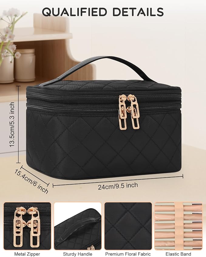 Relavel Large Travel Makeup Bag with Separate Makeup Brush Compartment | Make Up Pouch for Women with Double Layer Design, Portable Toiletry Organizer Bag with Handle for Short Trip, Black - Image 2