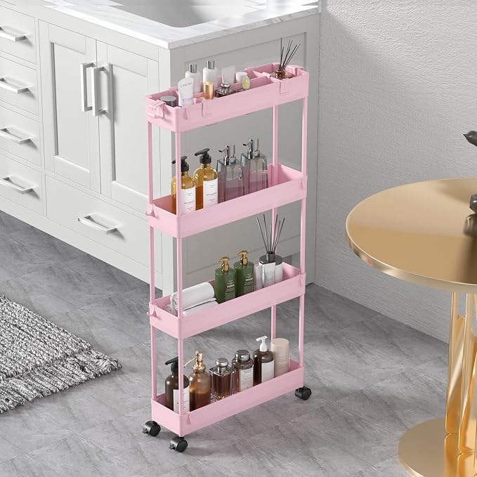 Slim Storage Cart 4 Tier,Bathroom Organizer Rolling Utility,Mobile Shelving Unit Slide Out for Office, Kitchen, Laundry Room & Narrow Places,Pink by Home