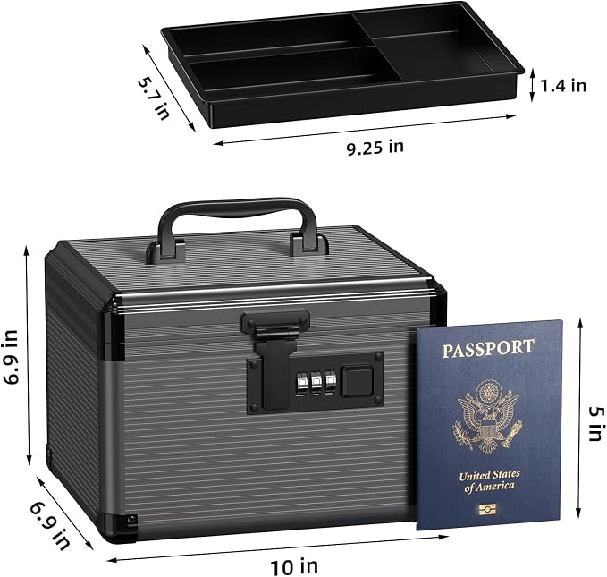 Medicine Lock Box with Code, Medication Lock Box with Removable Tray, Portable First Aid Box for Home&Travel, 10 * 6.9 * 6.9 Inch (Black) - Image 2