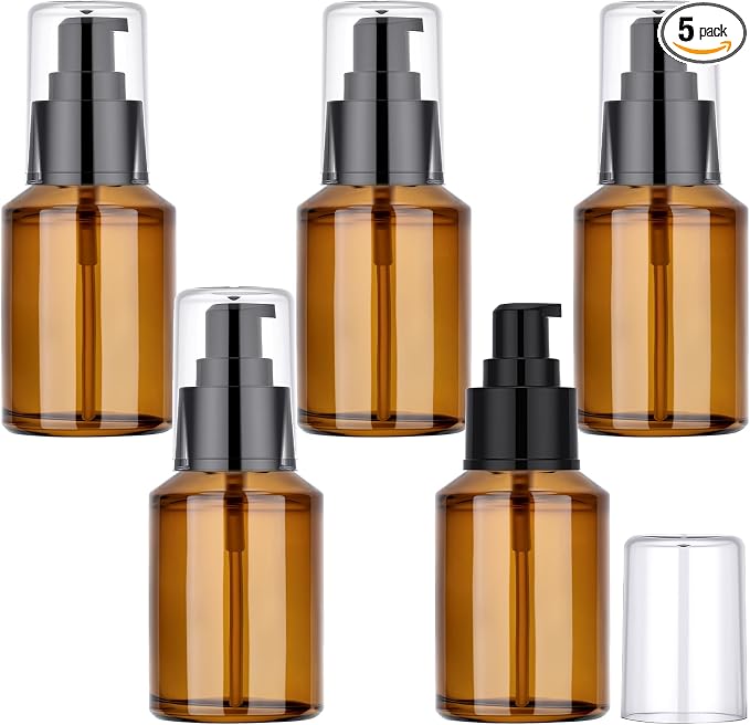 Segbeauty 2oz Refillable Glass Travel Size Empty Bottles, 5pcs Amber Lotion Pump Bottles Empty, 60ml Mini Travel Lotion Container, Small Cosmetic Container Bottle Pump Dispener for Creams Oils Liquids by Segbeauty