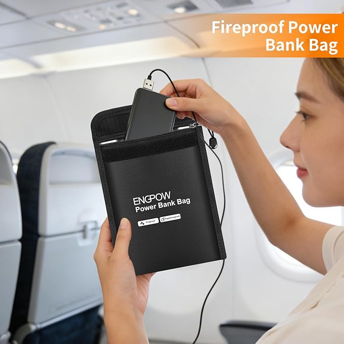 ENGPOW Fireproof Organizer Travel Safe Bag, Portable Electronic Carry Case | Heat Insulated＆Explosion-Proof, Home Travel Storage for Power Bank,Phone,Cables,USB Drive,Charging Protection,9''x7'',Black - Image 6