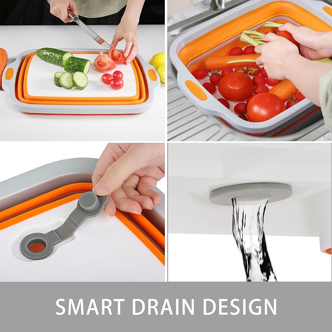 Collapsible Cutting Board with Container, Foldable Camping Sink with Colander, BBQ Prep Tub with Lid, Multifunction Dish Basin for Kitchen, Bowl, Vegetable and Fruit, 2.11 Gal/8L Storage Basket - Image 4