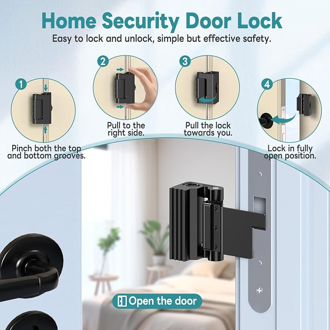 Upgraded Portable Security Door Reinforcement Lock - No Drilling Flip Lock Latch Prevents Unauthorized Entry Fits Inward-Opening Doors, Apartment, Hotel, Travel (Black-1 Pc) - Image 7